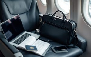 Photo documentaire réaliste d’un cadre en déplacement professionnel dans un aéroport, avec un ordinateur portable ouvert et des documents d’assurance rangés dans un dossier, ambiance sobre et financière, éclairage naturel.
