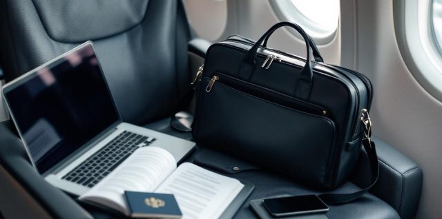 Photo documentaire réaliste d’un cadre en déplacement professionnel dans un aéroport, avec un ordinateur portable ouvert et des documents d’assurance rangés dans un dossier, ambiance sobre et financière, éclairage naturel.