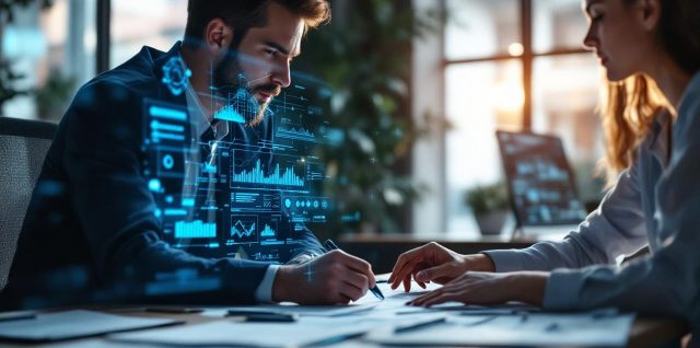 Illustration éditoriale d’une équipe finance et IA analysant des tableaux de conformité, des dossiers de crédit et des alertes de fraude dans un environnement de bureau moderne et sobre.
