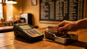Vue réaliste d’un terminal de paiement en service dans un restaurant, avec une zone pour reçu et un arrière-plan de tableau comptable, éclairage chaleureux et ambiance éditoriale.