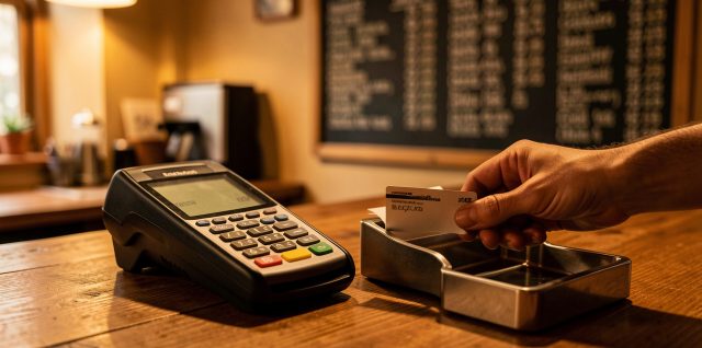 Vue réaliste d’un terminal de paiement en service dans un restaurant, avec une zone pour reçu et un arrière-plan de tableau comptable, éclairage chaleureux et ambiance éditoriale.