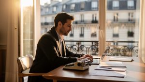 Un entrepreneur parisien analyse la rentabilité d’un studio meublé à son bureau, ordinateur et calculatrice posés devant lui, avec une vue sur les immeubles haussmanniens.