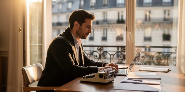 Un entrepreneur parisien analyse la rentabilité d’un studio meublé à son bureau, ordinateur et calculatrice posés devant lui, avec une vue sur les immeubles haussmanniens.