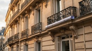 Façade haussmannienne parisienne au crépuscule, pierre claire et balcons en fer forgé, ambiance premium et sobre, plans d’architecture posés près d’une fenêtre.