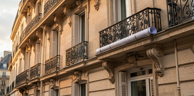 Façade haussmannienne parisienne au crépuscule, pierre claire et balcons en fer forgé, ambiance premium et sobre, plans d’architecture posés près d’une fenêtre.