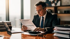 Un homme en costume examine un contrat de prévoyance sur un bureau moderne, utilise une calculatrice et consulte des dossiers financiers, dans un cabinet aux tons chauds.