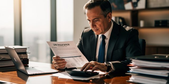Un homme en costume examine un contrat de prévoyance sur un bureau moderne, utilise une calculatrice et consulte des dossiers financiers, dans un cabinet aux tons chauds.