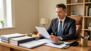 Un homme professionnel au bureau, dans un espace sobre et ordonné, consultant des documents financiers sous une lumière naturelle douce.