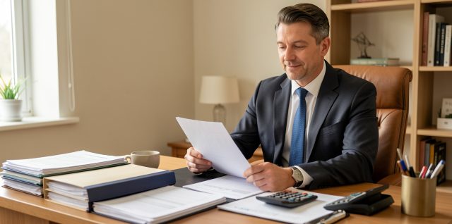 Un homme professionnel au bureau, dans un espace sobre et ordonné, consultant des documents financiers sous une lumière naturelle douce.