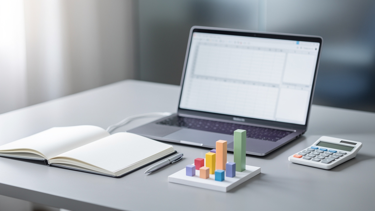 Bureau sobre avec ordinateur et graphiques abstraits simulant une analyse financière, objets de papeterie et éclairage naturel, ambiance professionnelle et minimaliste.
