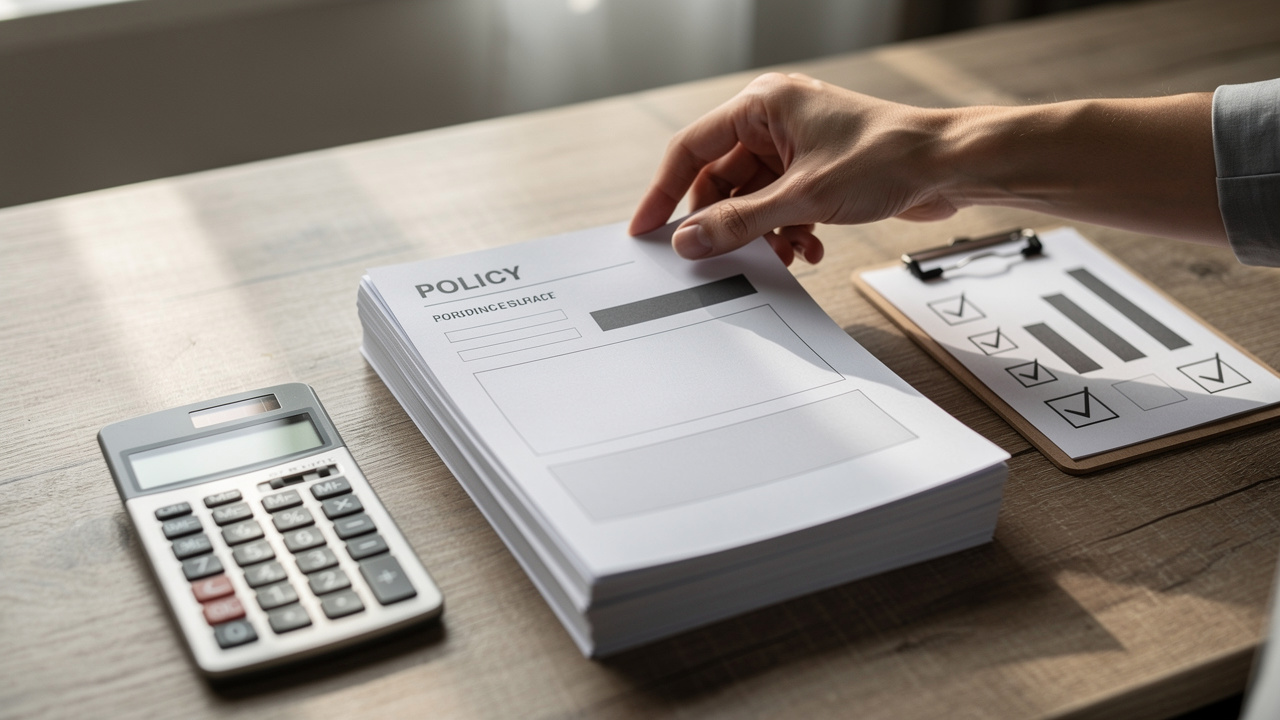 Tableau comparatif de garanties de prévoyance sur un bureau de travail, avec des documents d’assurance, une calculatrice et des feuilles classées, éclairage naturel.