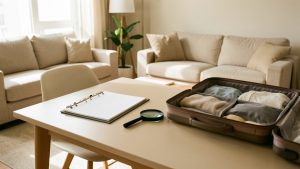 Appartement moderne et soigné avec un dossier vierge, une loupe et une valise ouverte, dans une ambiance lumineuse et rassurante.