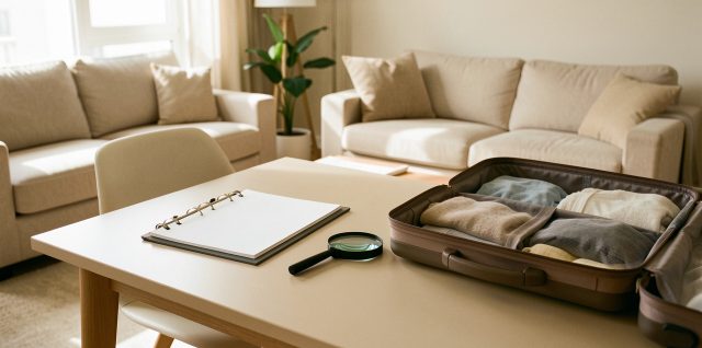 Appartement moderne et soigné avec un dossier vierge, une loupe et une valise ouverte, dans une ambiance lumineuse et rassurante.