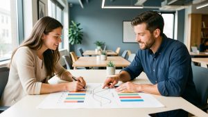 Une entrepreneuse et un entrepreneur analysent un plan de financement et des graphiques abstraits de trésorerie dans un espace de travail lumineux.