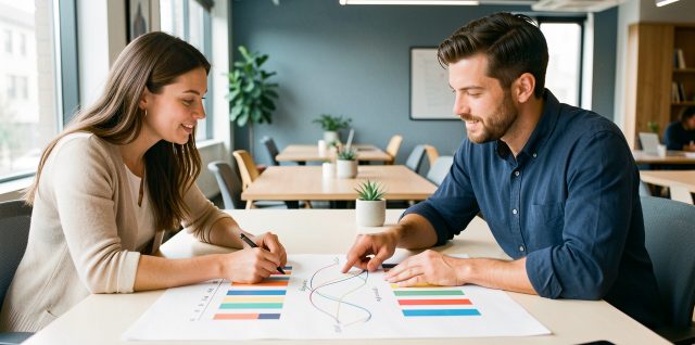 Une entrepreneuse et un entrepreneur analysent un plan de financement et des graphiques abstraits de trésorerie dans un espace de travail lumineux.