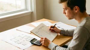 Un jeune homme étudie un dossier immobilier avec une calculatrice, des plans d’appartement et des documents financiers vierges sur un bureau lumineux.