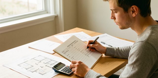 Un jeune homme étudie un dossier immobilier avec une calculatrice, des plans d’appartement et des documents financiers vierges sur un bureau lumineux.