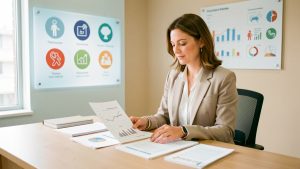 Une femme professionnelle examine des documents financiers dans un bureau lumineux, avec un tableau visuel illustrant la protection sociale.