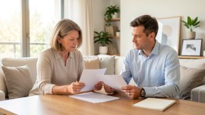 Une propriétaire consulte des documents vierges avec un conseiller en assurance dans un appartement lumineux.