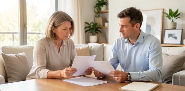 Une propriétaire consulte des documents vierges avec un conseiller en assurance dans un appartement lumineux.