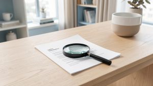 Intérieur lumineux d’un appartement moderne avec une loupe posée sur un document vierge d’assurance habitation, dans une ambiance professionnelle.
