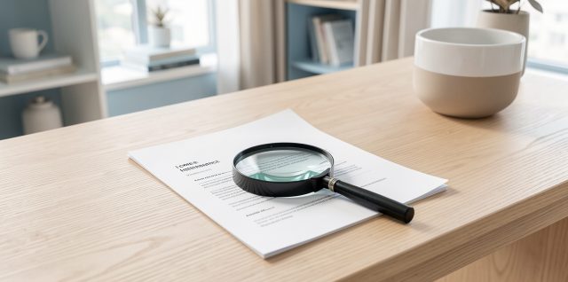 Intérieur lumineux d’un appartement moderne avec une loupe posée sur un document vierge d’assurance habitation, dans une ambiance professionnelle.