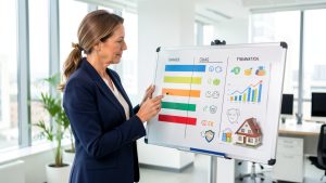 Une dirigeante examine un tableau comparatif visuel aux colonnes colorées dans un bureau lumineux, avec des symboles abstraits d’épargne, de protection financière et de crédit immobilier.