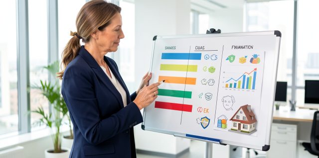Une dirigeante examine un tableau comparatif visuel aux colonnes colorées dans un bureau lumineux, avec des symboles abstraits d’épargne, de protection financière et de crédit immobilier.