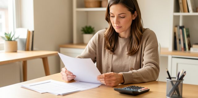 Une entrepreneuse indépendante analyse ses bilans et une simulation de crédit immobilier sur un bureau lumineux dans un espace de travail moderne.