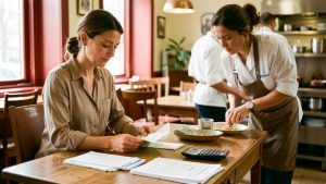 Une gérante de restaurant organise la trésorerie sur un bureau tandis qu’un chef prépare les ingrédients en arrière-plan.