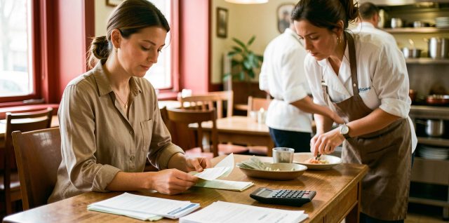 Une gérante de restaurant organise la trésorerie sur un bureau tandis qu’un chef prépare les ingrédients en arrière-plan.