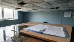 Bureau professionnel partiellement endommagé par une fuite d’eau, avec un dossier de documents vierges soigneusement disposé sur un espace sec.