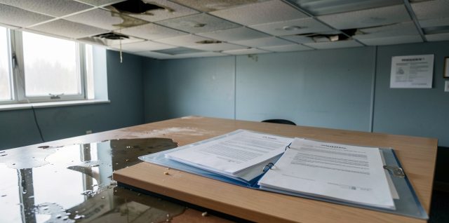 Bureau professionnel partiellement endommagé par une fuite d’eau, avec un dossier de documents vierges soigneusement disposé sur un espace sec.
