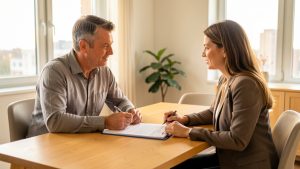 Un homme de 38 ans échange avec une conseillère en prêt immobilier au sujet de la protection financière de son projet de logement.