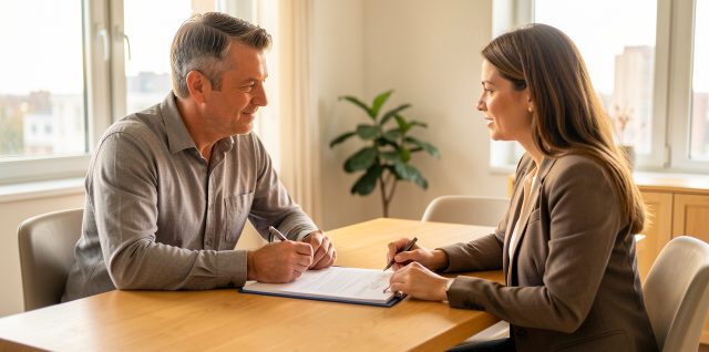 Un homme de 38 ans échange avec une conseillère en prêt immobilier au sujet de la protection financière de son projet de logement.