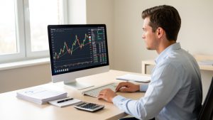 Jeune entrepreneur dans un bureau lumineux consultant un tableau financier abstrait sur ordinateur, avec des documents et une calculatrice sur son bureau.