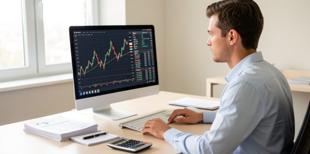 Jeune entrepreneur dans un bureau lumineux consultant un tableau financier abstrait sur ordinateur, avec des documents et une calculatrice sur son bureau.