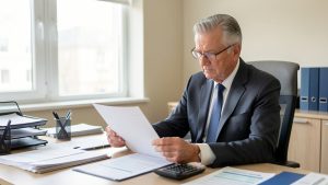 Entrepreneur retraité examinant des documents administratifs et des factures dans un bureau lumineux.