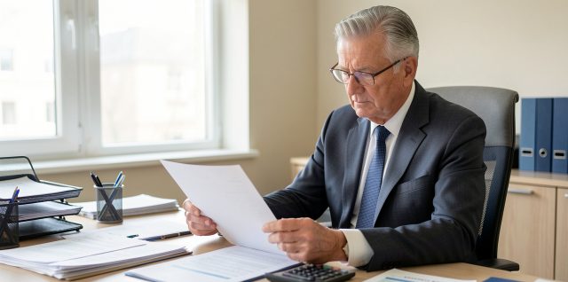 Entrepreneur retraité examinant des documents administratifs et des factures dans un bureau lumineux.