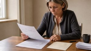 Une épargnante française examine attentivement des documents financiers non lisibles et une enveloppe de correspondance sur un bureau sobre.