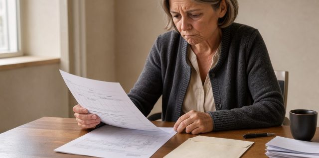 Une épargnante française examine attentivement des documents financiers non lisibles et une enveloppe de correspondance sur un bureau sobre.